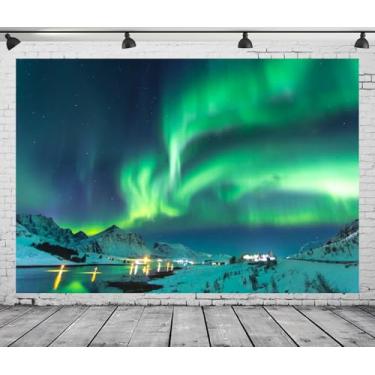 Imagem de CORFOTO 2,1 x 1,5 m Noruega Luzes do Norte Pano de fundo Norueguês Lofoten Aldeia litorânea Aurora Boreal noite de inverno fundo céu estrelado para decoração de festa de Natal da Islândia Papel de