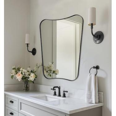 Imagem de MIRRORART Espelho de banheiro preto, espelhos pretos para parede, espelhos assimétricos pretos foscos, espelho de formato irregular de 55 x 76 cm, espelho de parede exclusivo com canto arredondado,