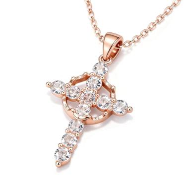 Imagem de Poevic Colar de cruz grande com coroa rotativa para mulheres, ouro 14 k, zircônia cúbica, pingente de cruz, presente de Páscoa, fé cristã, Middle, Aço inoxidável, Zircônia cúbica