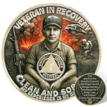 Imagem de Leafence Moeda AA Sobriety Veteran in Recovery Medalhão Clean and Sober Recovery Token AA Chip Alcoólicos Anônimos Presente para Veteranos Sobriedade Aniversário Recovery Coin (Sober Veterans, 1 Ano)