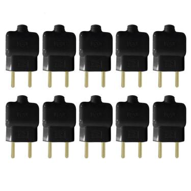 Imagem de Kit 10 Plug Tomada Pino Macho Prensa Cabo 2P Preto 10A 250V