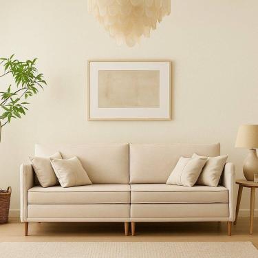 Imagem de Sofá Living 3 Lugares Bipartido com Pés em Madeira Maciça 172cm Manágua Espresso Móveis Veludo Jacquard Off White