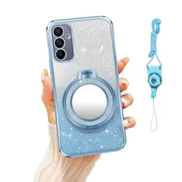 Imagem de Nuouxoco Capa magnética projetada para Samsung Galaxy A15 com suporte de anel espelhado e cordão, [compatível com Magsafe] Capa à prova de choque para meninas e mulheres para Samsung A15, azul