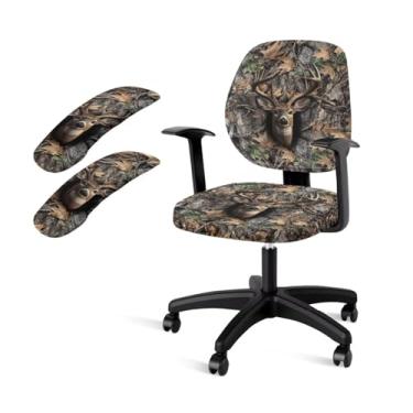 Imagem de Xoenoiee Jogo de capa de cadeira de escritório com estampa camuflada de veado de caça e floresta, capa de assento e encosto, capa elástica para cadeira de computador, conjunto de 4 peças com capas