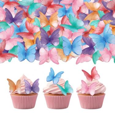 Imagem de 52 pieces edible wafer paper butterfly cake decoration, suitable for weddings, birthdays, Christmas parties to decorate cookies, donuts, cocktails, cupcake tops (Watercolor mixing)