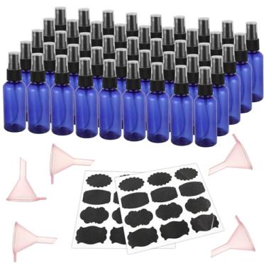 Imagem de LDXDRU Pacote com 50 frascos de spray de plástico azul de 59 ml, frasco spray pequeno vazio de névoa fina, frascos spritzer de plástico recarregáveis com etiquetas para viagem, óleo essencial, perfume