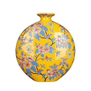 Imagem de AKALNNB Vaso de flor vaso de cerâmica novo chinês feito à mão vasos de porcelana pintada de esmalte 33,4 cm grande vaso de flor de grés amarelo para casa, sala de estar, decoração de hotel
