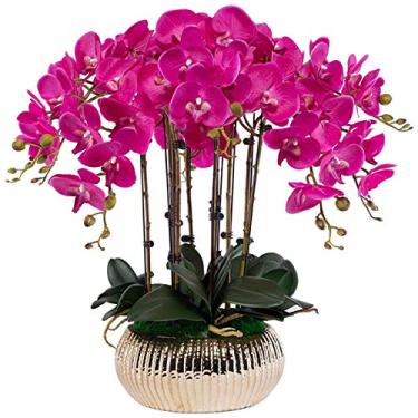 Imagem de DCYEQRQ Flor artificial em vaso flores artificiais Phalaenopsis com plantador grande orquídea artificial em vaso flor falsa requintada decoração de casa planta artificial arranjo de flores