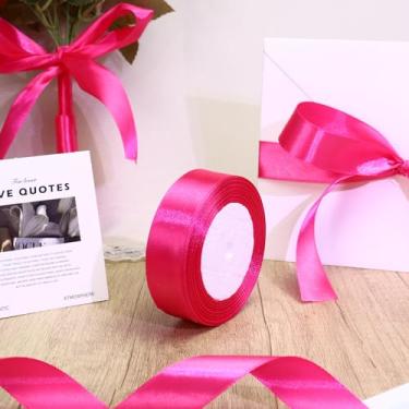 Imagem de 2,5 cm x fita de cetim de tecido contínuo de 25 metros para embrulho de presente, fita vermelha rosa para decoração de festa de casamento, design floral, flores eternas, laços de teia para assar