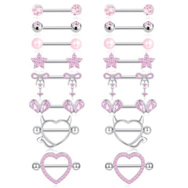 Imagem de Akeoqi 8 pares de anéis de mamilo 14G arco de aço inoxidável CZ bola flor diabo coração pérola barra reta anel de língua mamilos piercing joias para mulheres rosa tom prata 16 mm, Zircônia cúbica