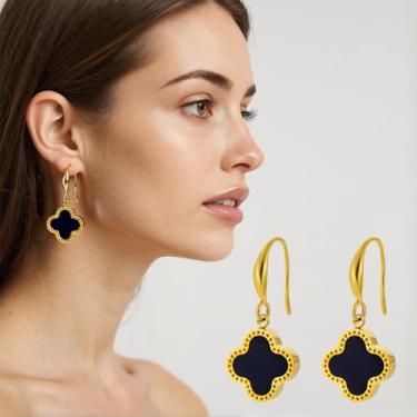Imagem de Brincos elegantes com pingente de trevo de quatro folhas para mulheres, design floral leve de gancho, joia moderna presente para uso diário, F, Aço inoxidável, Sem pedra preciosa