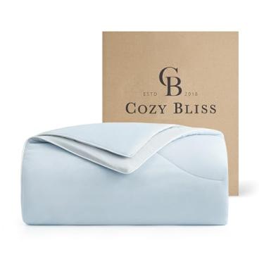Imagem de Cozy Bliss Edredom refrescante tamanho solteiro dupla face, cobertores refrescantes ultramacios para dormir quente e suores noturnos, respirável, leve, sedoso, suave, azul frio