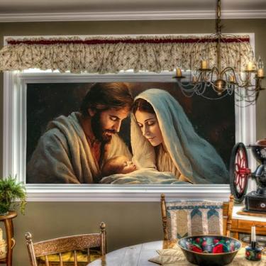 Imagem de HOMETITUTE Holy Family Nativity Película estática para janela PVC privacidade folha de vidro 99,3 x 17,7 polegadas adesivo de vidro decorativo reutilizável exibição de cena de nascimento de Natal para
