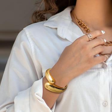 Imagem de Pulseira feminina banhada a ouro real 14 quilates, gota d'água, com dobradiça torcida, irregular, minimalista, larga, dourada, aberta, oval, joia, One Size, Liga de aço, Sem Pedra Preciosa