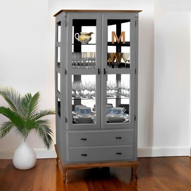 Imagem de Cristaleira De Madeira Espelho 2 Portas 3 Prateleiras 2 Gavetas Pés Luiz Xv - Cinza Laca Com Tampos E Base Imbuia Glazer