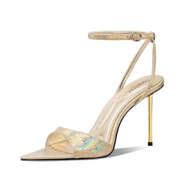 Imagem de Ouwilov Mules de salto alto para mulheres, bico fino, design sem cadarço com salto agulha de metal de 9 cm e palmilha acolchoada macia em ouro iridescente para festas ou encontros noturnos, Ouro - 4