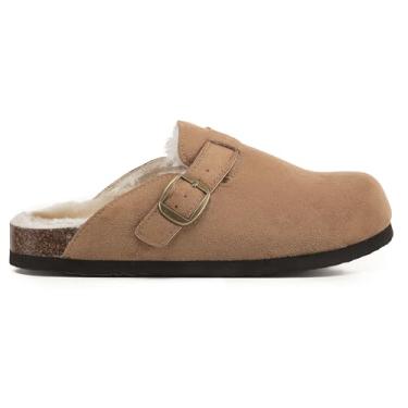 Imagem de VIVASHOES Tamanco feminino de camurça com fivela – Mule clássico de bico fechado com alça ajustável, palmilha de cortiça e sola de borracha – Conforto sem esforço para dias aconchegantes, descanso e