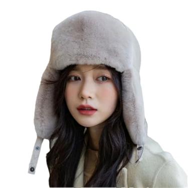 Imagem de Chapéu de esqui feminino espesso de pelo de coelho quente com proteção de ouvido chapéu de pele casual bege tamanho único