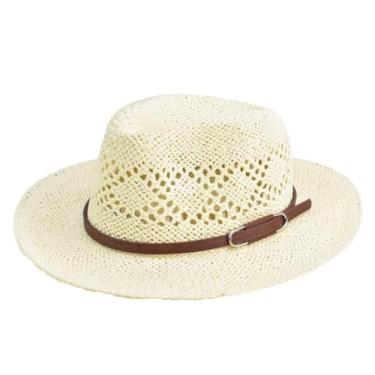 Imagem de Chapéu Fedora masculino de aba larga, chapéu de palha de praia, vazado, respirável, legal, feminino, chapéu de verão, branco leitoso, tamanho regular