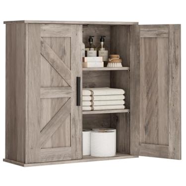 Imagem de Homleke Armário de parede de banheiro, armário de armazenamento sobre vaso sanitário com portas de celeiro e prateleiras ajustáveis, armário de remédios de 3 níveis montado na parede, para banheiro