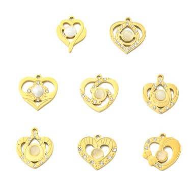 Imagem de UR URLIFEHALL 8 peças, 8 estilos, pingentes de coração de aço inoxidável, banhado a ouro 18 K, vazado, com zircônia cúbica, para fabricação de joias a granel
