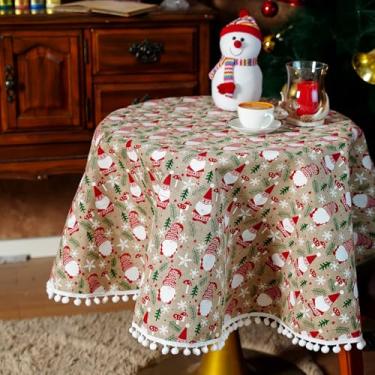 Imagem de SUTAVIA Toalha de mesa de Natal de tecido vermelho, boho, pompom, borla, árvore verde, brilhante, decoração retangular, capa de mesa para mesa de jantar de festa de inverno (Papai Noel, 152 cm redondo