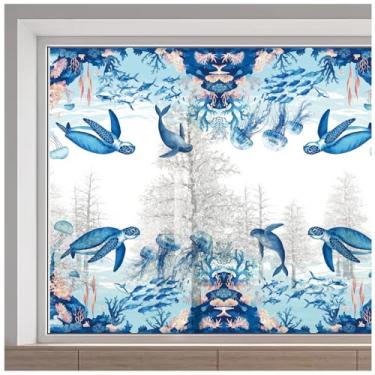 Imagem de GORGECRAFT Adesivos de janela de tartarugas marinhas de 38 x 128 cm grandes criaturas marinhas animais marinhos vida coral peixe água-viva PVC plástico não adesivo adesivos adesivos para porta de