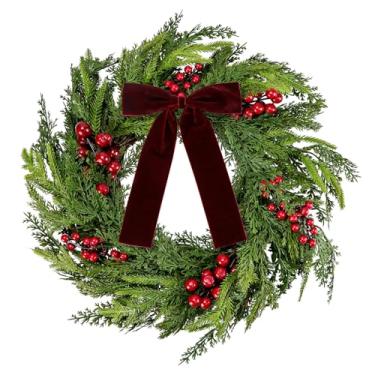 Imagem de Guirlanda realista de pinheiro Norfolk de 50 cm com laço de veludo, guirlandas de cedro falso de Natal com frutas vermelhas para porta da frente, parede de janela, férias, inverno, ambientes internos