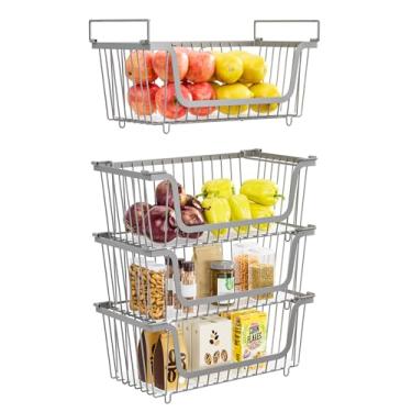 Imagem de 4 cestas empilháveis de arame para organizadores e armazenamento de despensa, cestas de armazenamento de cozinha de metal cinza com alças para frutas, legumes, lanches e latas, caixas de armazenamento