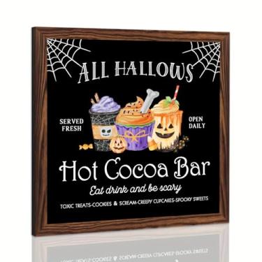 Imagem de Placa emoldurada de madeira com tema de véspera de Halloween Hot Cocoa Bar Decoração de parede estilo rústico para cozinha, cafeteria, festa de Halloween, decoração de casa de fazenda, decoração de
