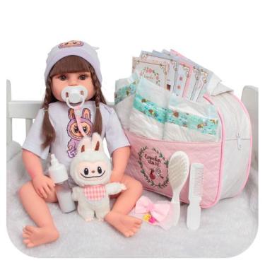 Imagem de Boneca Reborn Realista Corpo Silicone Com Bolsa Acessórios - Cegonha R