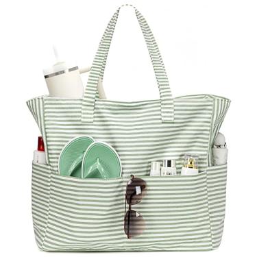 Imagem de LEDAOU Bolsa feminina grande para praia, impermeável, à prova de areia, com zíper, para piscina, academia, mercearia, viagem, com bolso molhado, Verde acolchoado 0,5, Large