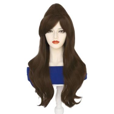 Imagem de Peruca de cabelo sintético castanho comprido ondulado com franja 68cm 