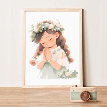 Imagem de Quadro Decorativo Cristão Infantil - Criança que Ora - Menina Orando; Quadros bíblicos; Quadro com Mensagem Motivacional; Decoração Quarto de Criança; Quadro para quarto infantil; Menina (Moldura Bege, 21x30, Emoldurado)