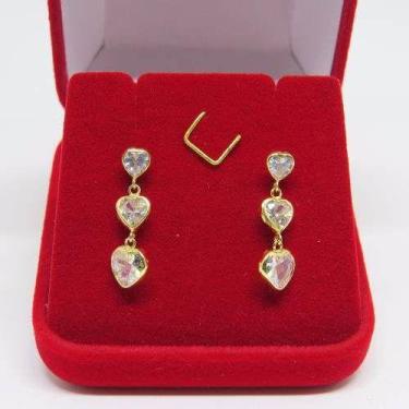 Imagem de Brincos 3 Corações De Ouro 18k 750 - DR Joias, Branco