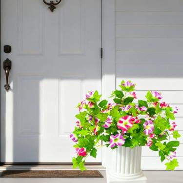 Imagem de Fycooler Flores artificiais, ao ar livre, 2 peças de flores falsas de primavera com aparência de glória matinal verdadeira para plantador externo, flores falsas resistentes a UV para casa, jardim