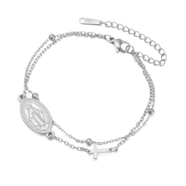 Imagem de EUEAVAN Pulseira Virgem Maria Cruz para Mulheres Virgem de Guadalupe Nossa Senhora de Guadalupe Mãe Maria Medalha Milagrosa Amuleto Cristão Joias Fé Católica Presente de Batismo, adjustable, Aço