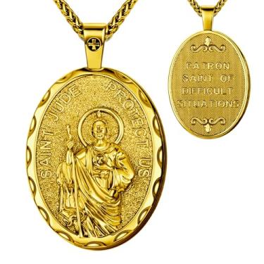 Imagem de Colar de medalhão oval de São Miguel, cobre banhado a ouro, pingente de 5 x 3 cm com corrente de 40 cm + 5 cm, medalha de oração de proteção religiosa, colares com pingente de cruz religiosa com