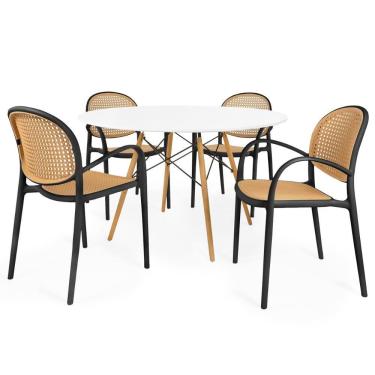Imagem de Conjunto Mesa De Jantar Redonda Eiffel Branca 120cm Com 4 Cadeiras Roma Com Braço - Preto
