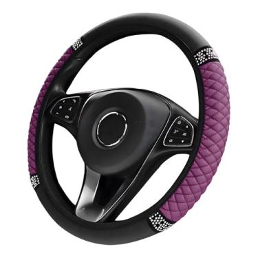 Imagem de MUQIDA Capa de volante de couro macio brilhante, 35 a 38 cm, strass brilhante, antiderrapante, protetor de volante automotivo elástico para mulheres e meninas (roxo)