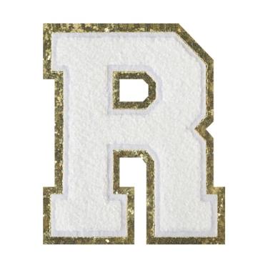 Imagem de 1 PÇ Patch de letra de chenille de ferro branco de 11,4 cm com borda dourada – Remendos do alfabeto para roupas, jaquetas, mochilas, chapéus para decoração personalizada, nome personalizado e