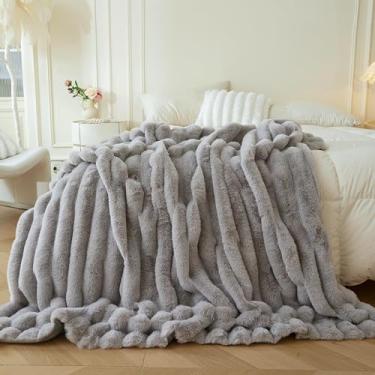 Imagem de MEGO Manta fofa de pele de coelho sintética, cobertor felpudo listrado canelado aconchegante para cama, sofá, cadeira, decorativo, salsicha, quarto, sala de estar, cobertor peludo para crianças