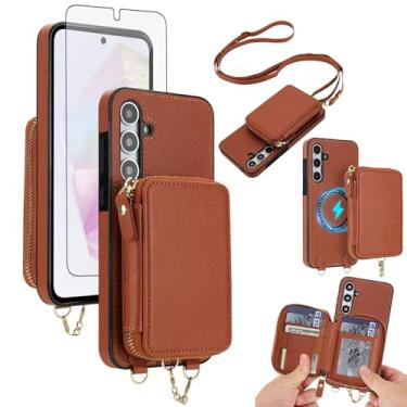 Imagem de Capa de celular para Samsung Galaxy A15 5G/4G carteira com zíper e protetor de tela, alça transversal 2 em 1 magnético destacável MagSafe bloqueio RFID Flip A 15 G5 15A feminino masculino marrom