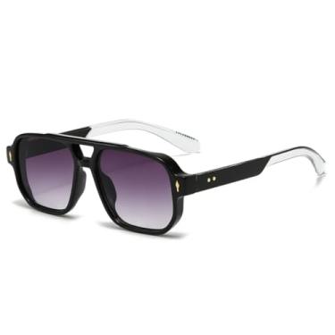 Imagem de HCPIHF Óculos de sol vintage com ponte dupla, masculino, fashion, lentes oceânicas, uv400, feminino, rebites (preto, cinza, degradê)