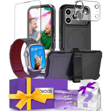 Imagem de AOKOOR Kit inteligente compatível com iPhone e pulseira Apple Watch (clipe robusto compatível com MagSafe, capa preta + pulseira preta/vinho tinto, para iPhone 17 Pro Max)