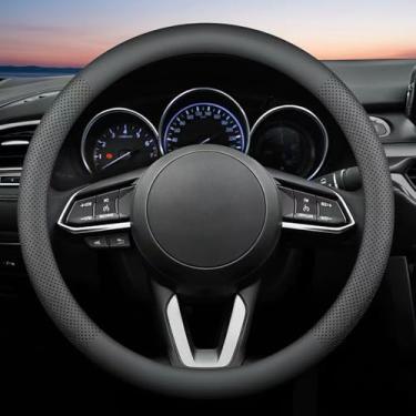 Imagem de Capa de volante de couro para Jeep Wrangler Grand Cherokee Compass, capa de volante de carro de 36,8-38 cm com antiderrapante respirável (preto)