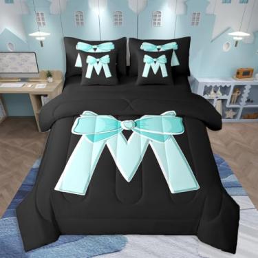 Imagem de jejeloiu Jogo de cama kawaii, solteiro, com laço azul, para mulheres, adolescentes, 7 peças, letra M, arte moderna, monograma, decoração de quarto, letra M, macio e leve