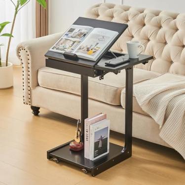 Imagem de Mesa de canto de madeira em forma de C com rodas – mesa de cabeceira pequena de madeira com rodinhas para sofá com gaveta de armazenamento, bandeja de TV com ângulos ajustáveis modernos, mesas de sofá