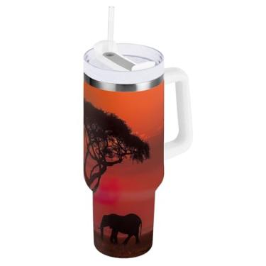 Imagem de Blueangle Copo isolado de 1,134 g com alça e tampa de canudo - Caneca de viagem de aço inoxidável à prova de vazamento, garrafa de água de família de elefante a vácuo de parede dupla (788)