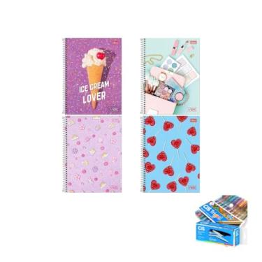 Imagem de Kit Caderno Universitário Vibe Feminino 80F Tilibra Caneta Trigel Metálica 10 Cores Cis Grampeador Alicate